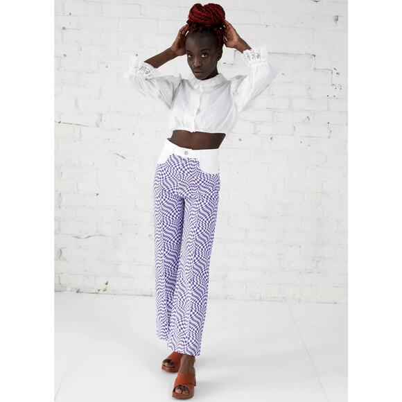 Lisa Says Gah Robyn Checkered Wide Leg Jeans Purple Warp Print Size 29 - Picture 2 of 16